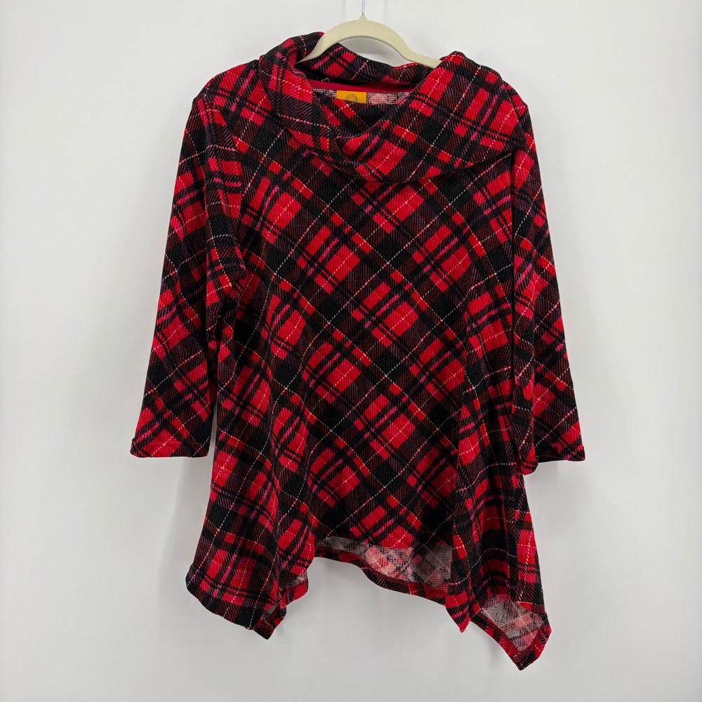 Ruby Rd Womens Large Red Black Plaid Cowl Neck Sharkbite Hem Tunic Top